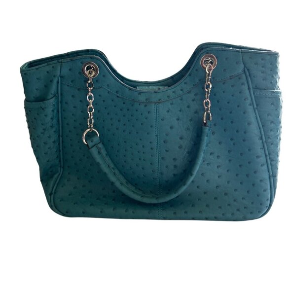 Teal Simulated Ostrich Faux Leather Shoulder Bag With Chain Handles - Picture 1 of 13